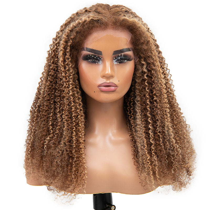 Pre-Cut Highlight Blonde Kinky Curly Wig 5x5 Gluless HD Lace Closure Wig