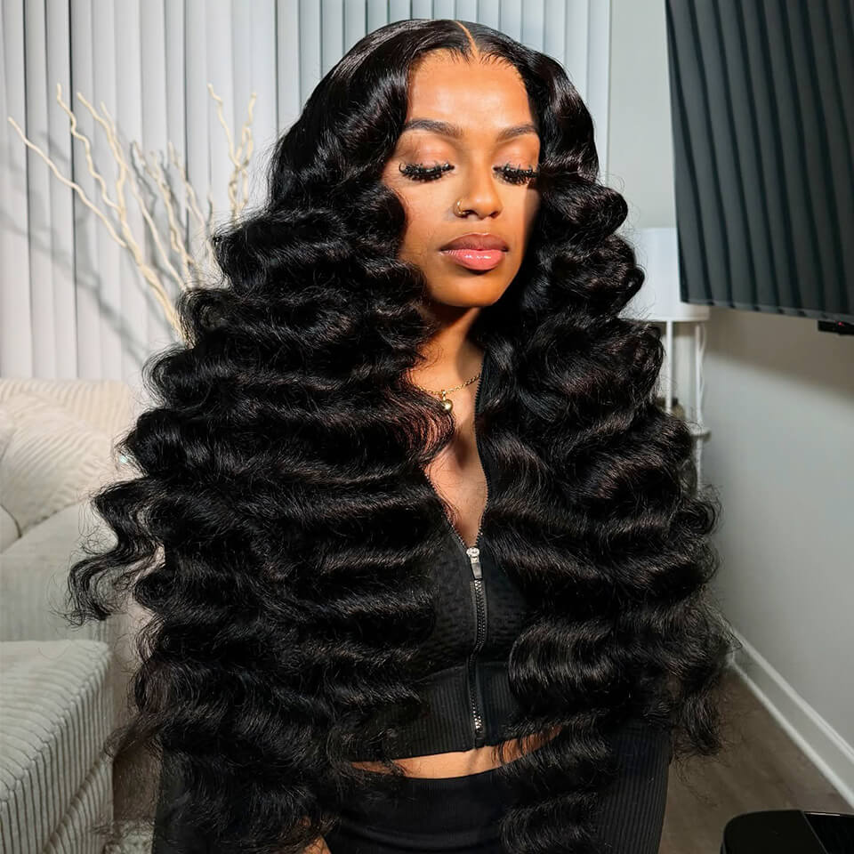 Loose Deep Wave 13x6 Lace Frontal Wig – Natural Black Pre Plucked Human Hair Wig Glueless HD Lace