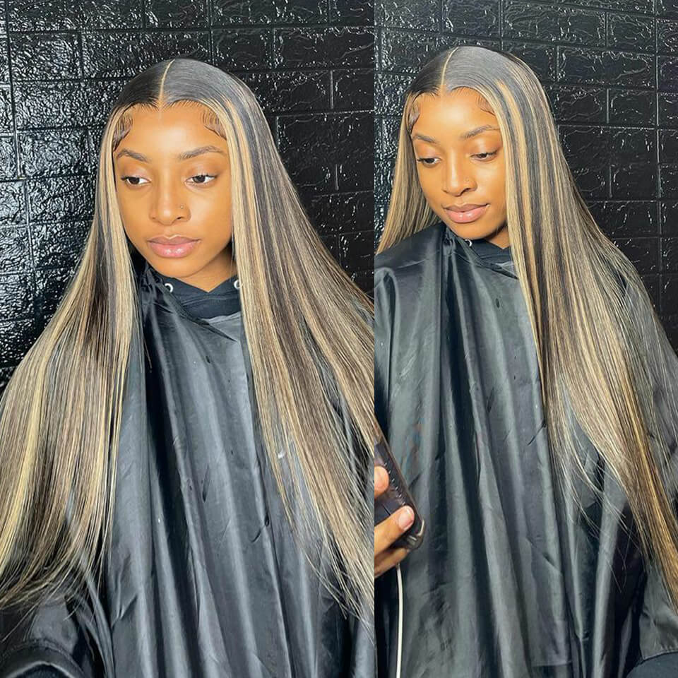 Honey Blond Highlight Glueless 5x5 HD lace Wigs Straight Wear Go Human Hair wigs Body Wave