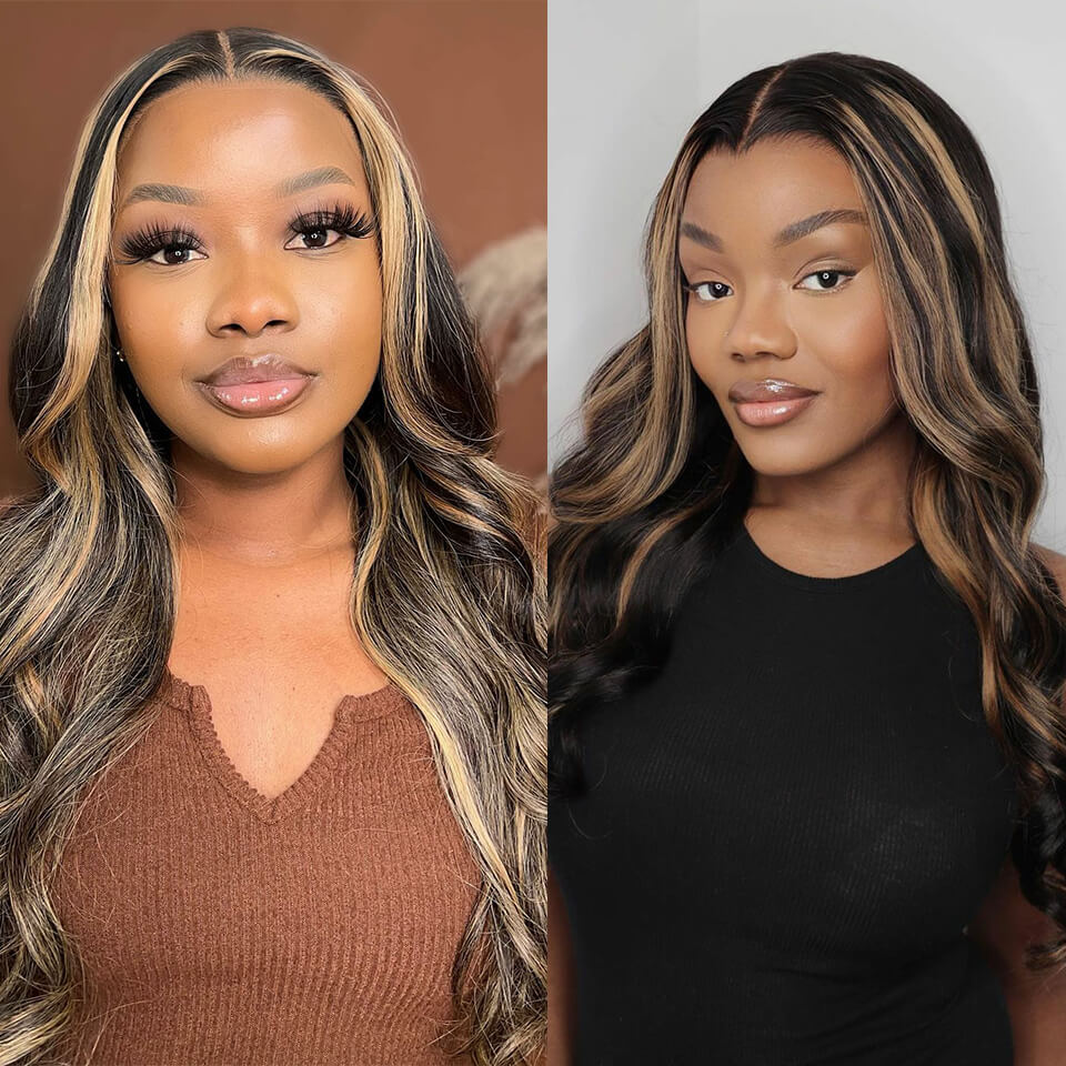 Honey Blond Highlight Glueless 5x5 HD lace Wigs Straight Wear Go Human Hair wigs Body Wave