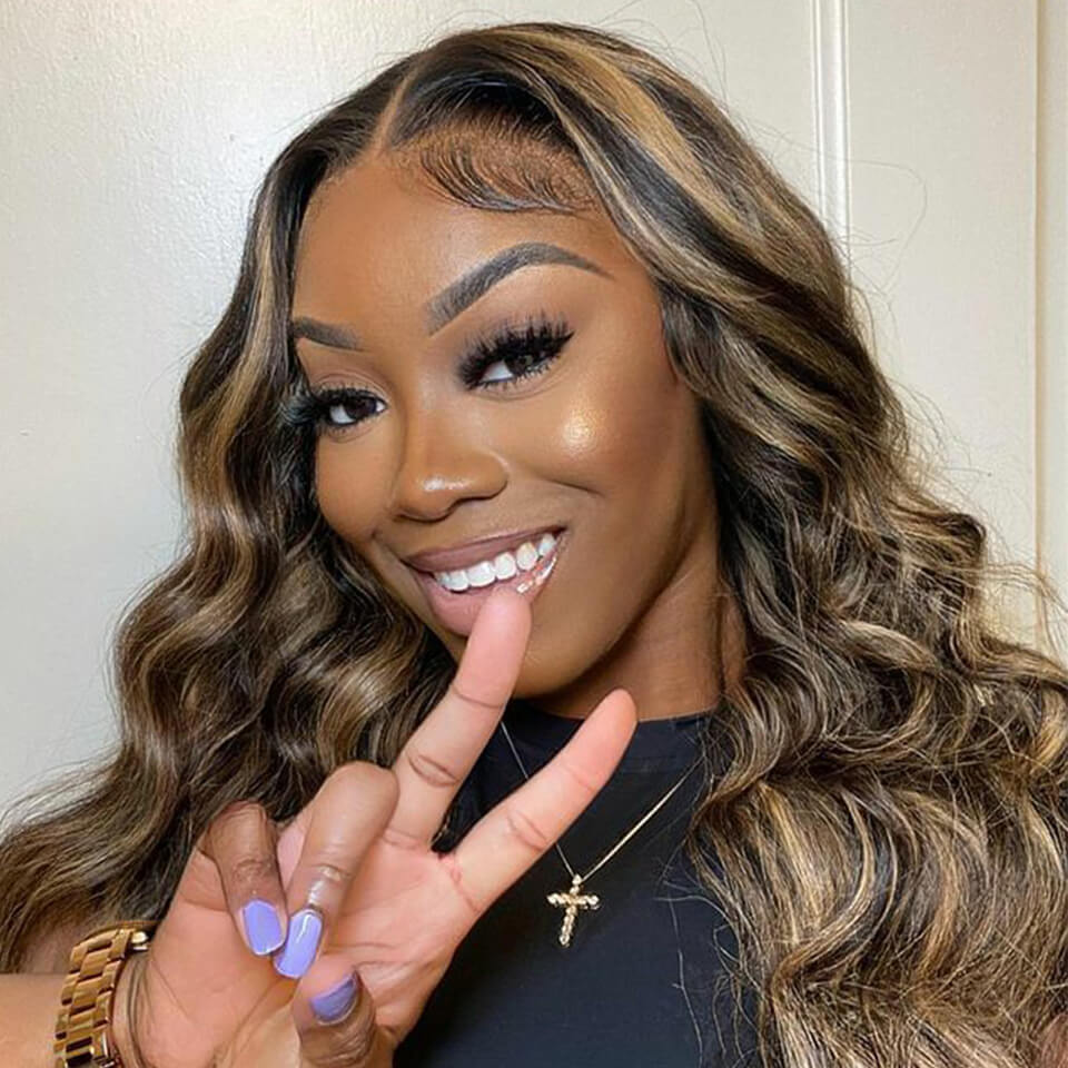 Honey Blond Highlight Glueless 5x5 HD lace Wigs Straight Wear Go Human Hair wigs Body Wave