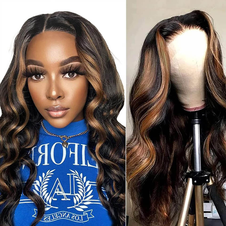Highlight Body Wave 13x4 Lace Front Wigs 1B30# brown Glueless HD Human Hair Wigs