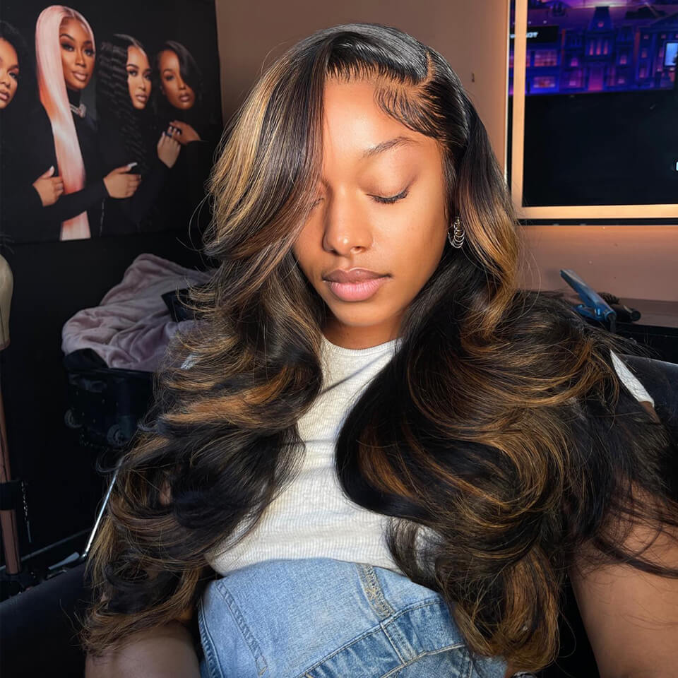 Highlight Body Wave 13x4 Lace Front Wigs 1B30# brown Glueless HD Human Hair Wigs