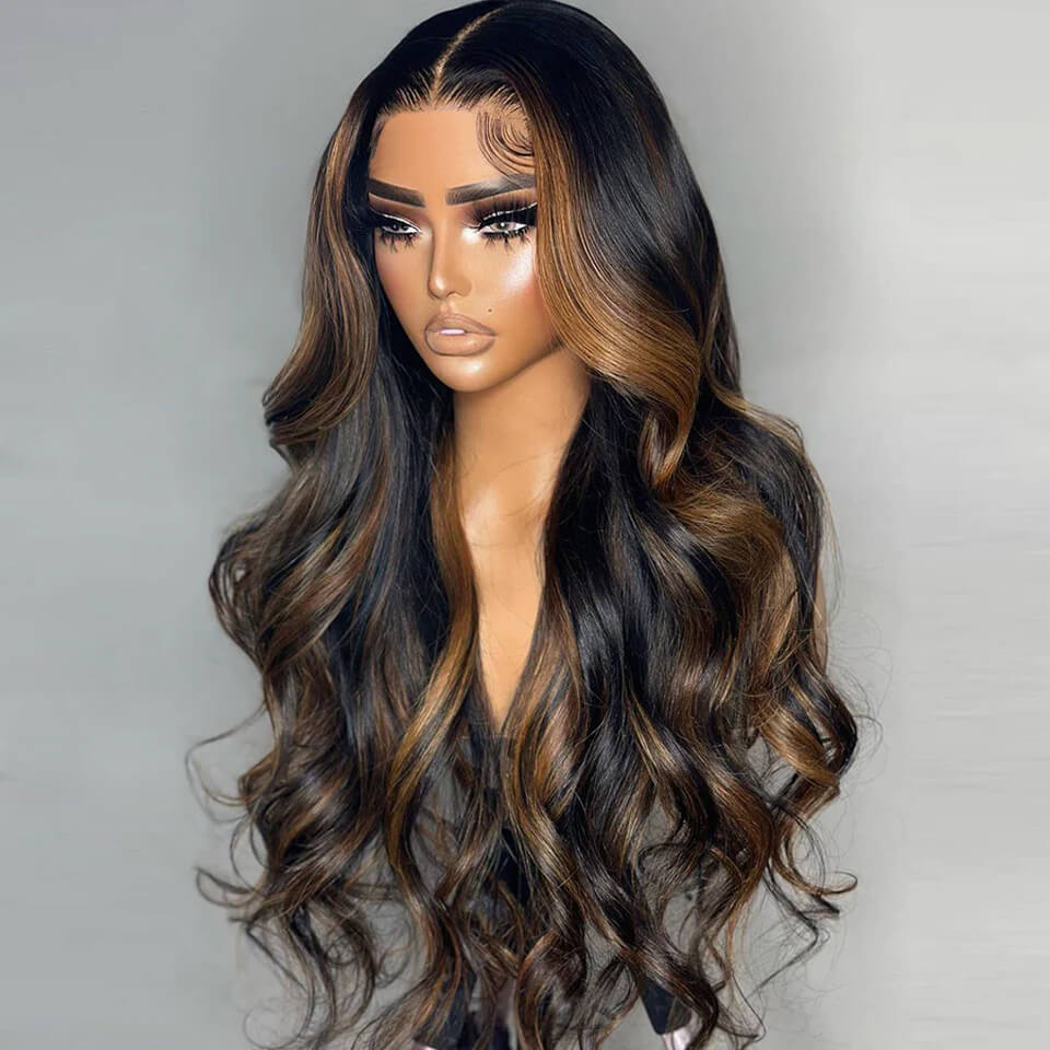 Highlight Body Wave 13x4 Lace Front Wigs 1B30# brown Glueless HD Human Hair Wigs