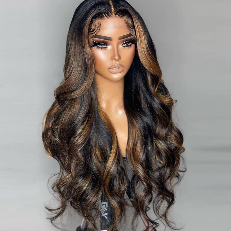 Highlight Body Wave 13x4 Lace Front Wigs 1B30# brown Glueless HD Human Hair Wigs