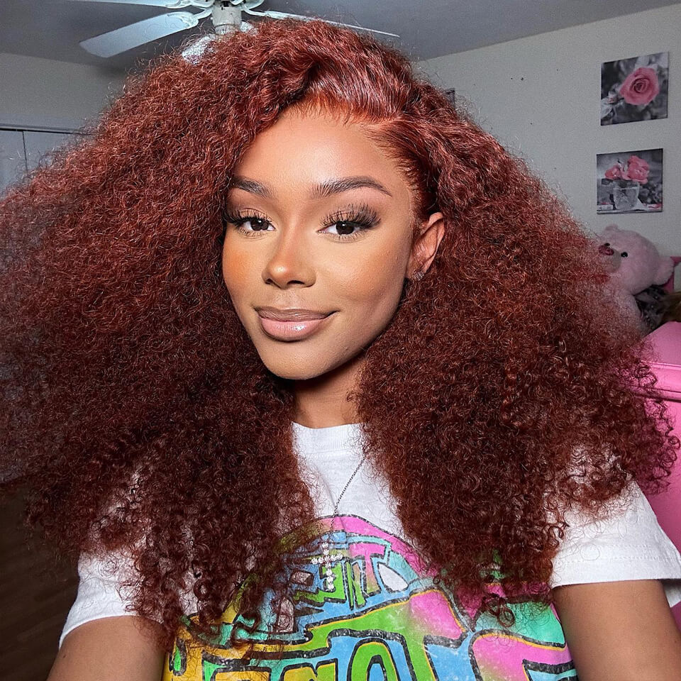 Reddish Brown Curly 13x4 Lace Front Wig HD Transparent Pre Plucked Human Hair Wigs