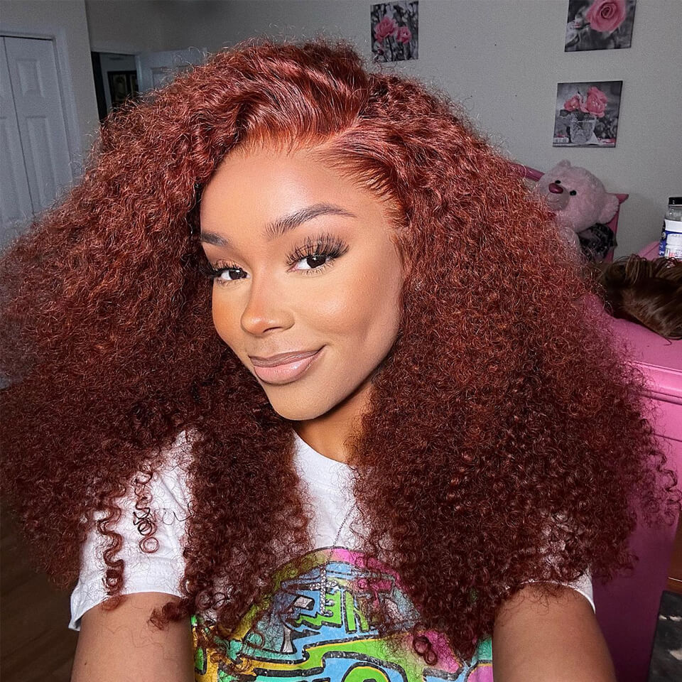 Reddish Brown Curly 13x4 Lace Front Wig HD Transparent Pre Plucked Human Hair Wigs