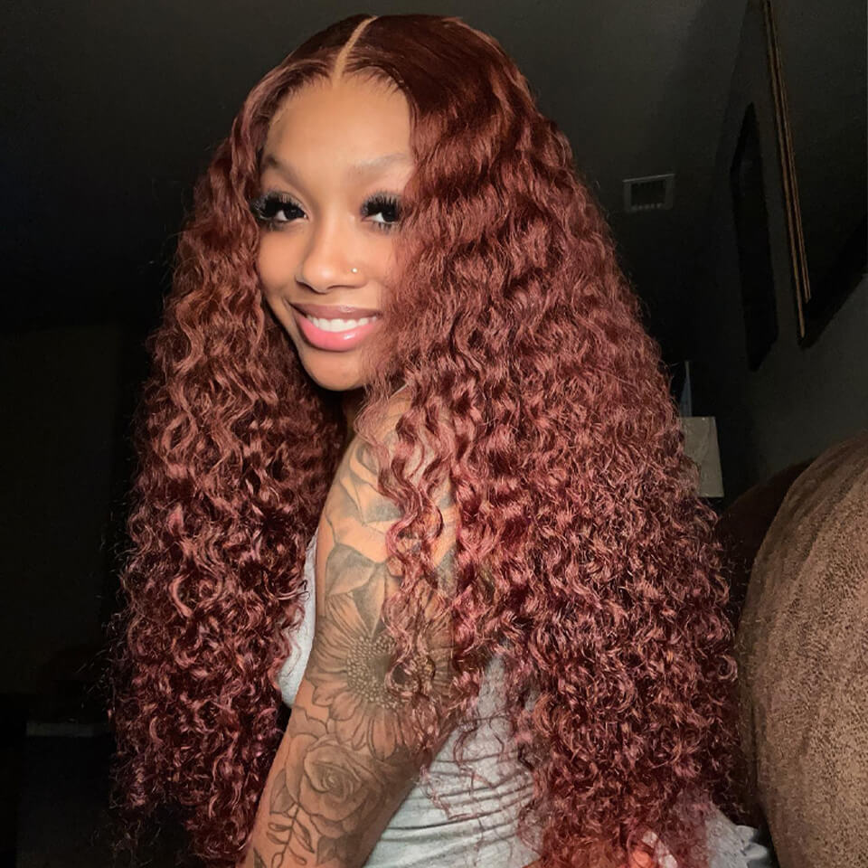Reddish Brown Colored Deep Wave Lace Front Wig Pre Plucked Human Hair Wigs