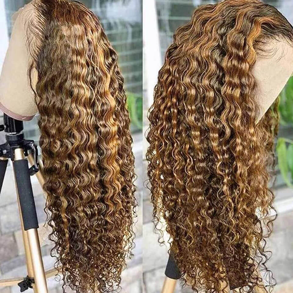 Honey blond highlight 427# 360 Lace Frontal Wig Deep Wave Water Wave Pre Plucked Human Hair Wigs