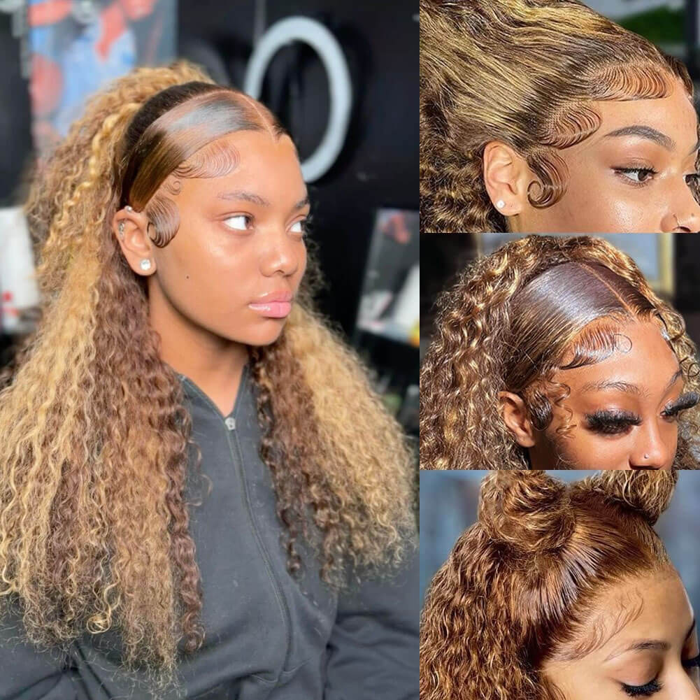 Honey blond highlight 427# 360 Lace Frontal Wig Deep Wave Water Wave Pre Plucked Human Hair Wigs