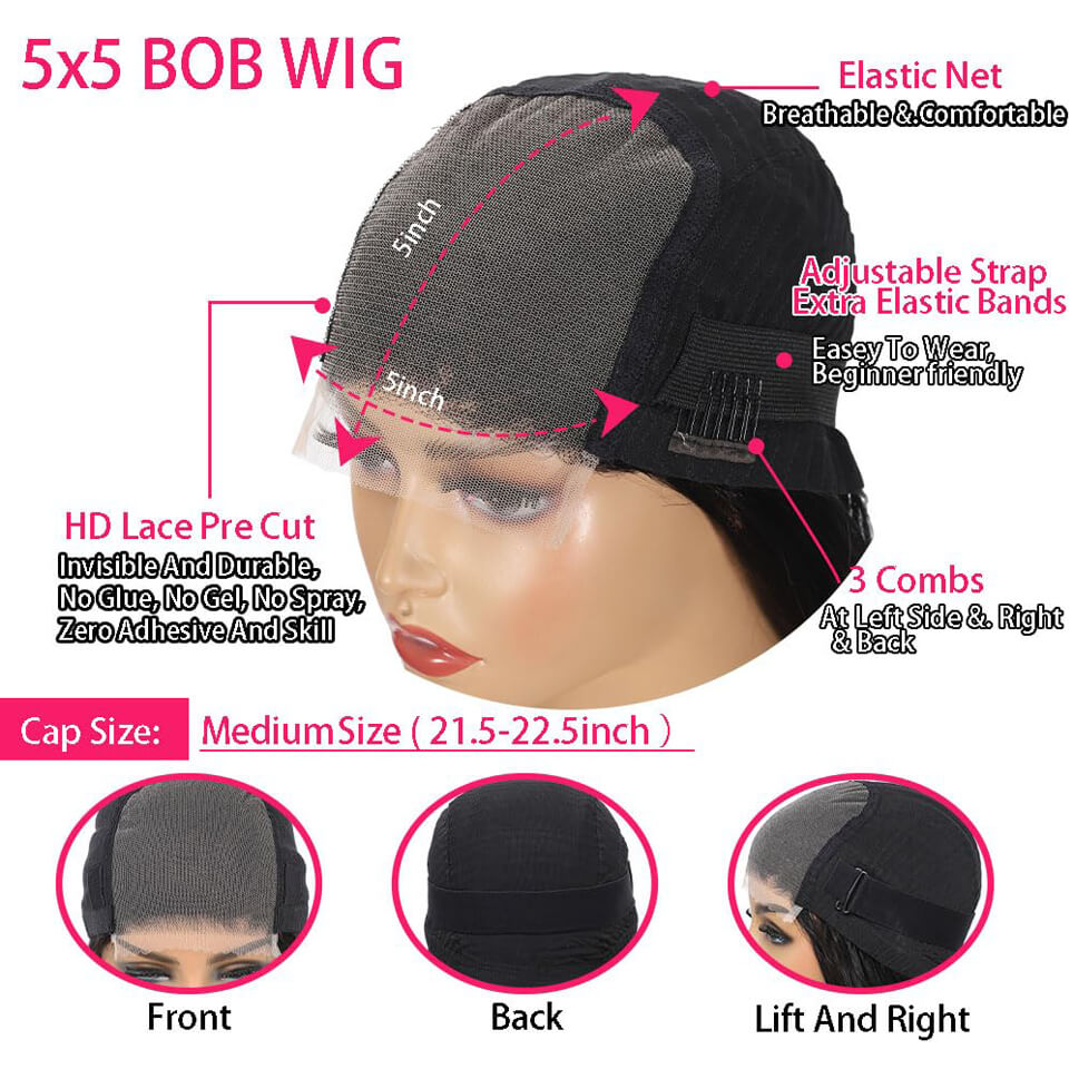 Wear And Go 5x5 Lace Closure wig Glueless HD Straight Bob wig Pre Cut Human Hair Wigs