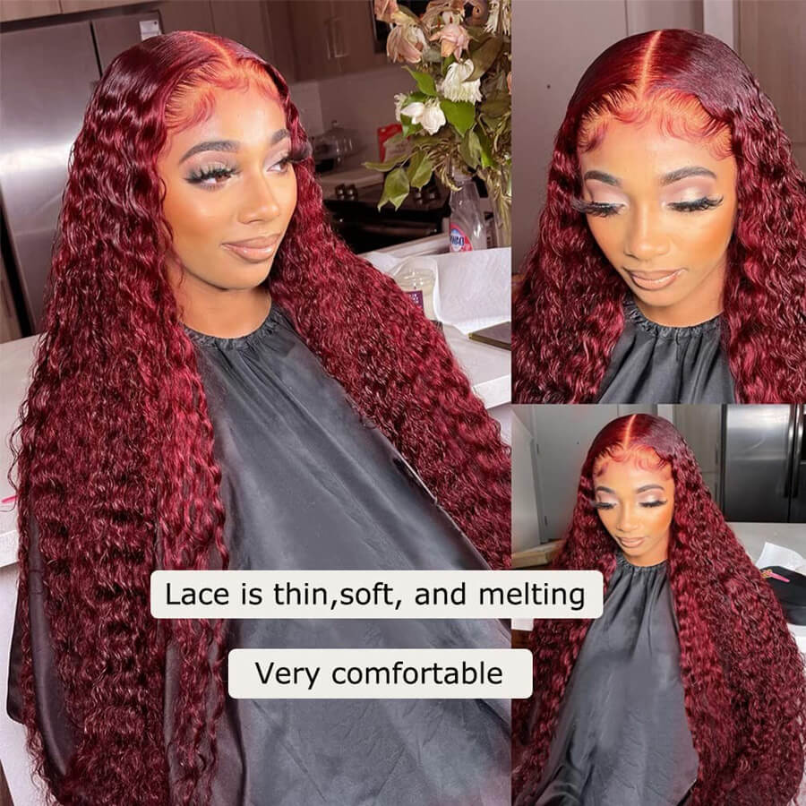 Burgundy 99J Deep Wave HD Lace Front Wigs Pre-Plucked Human Hair Wigs For Women