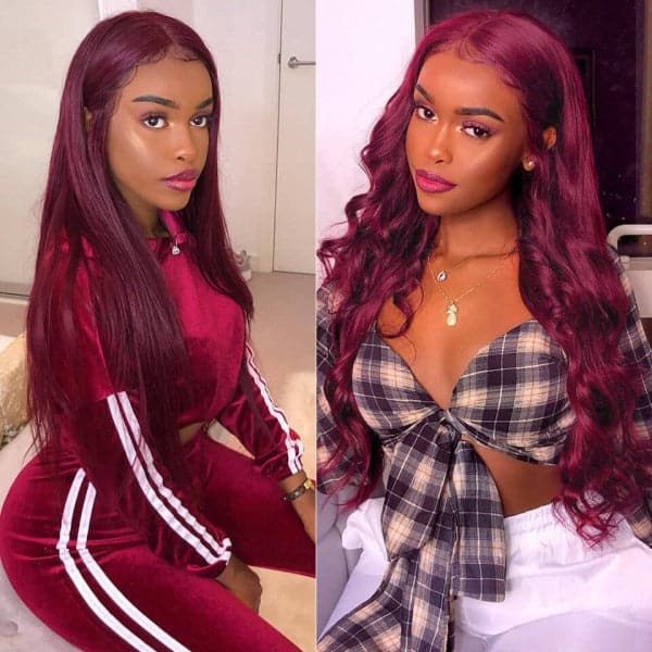 Clearance Sale 99J Lace Part Wig Straight Human Hair HD Lace Burgundy Colored Wigs