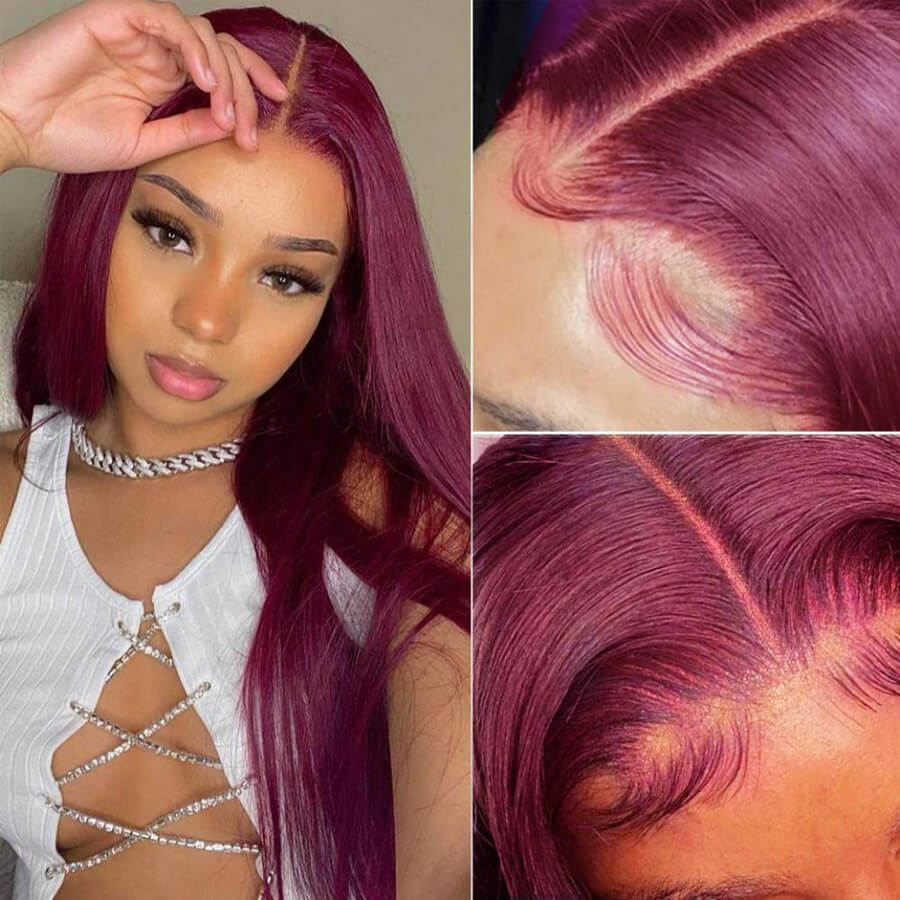 Wear and Go 99J Burgundy Wigs Silky Straight Pre-plucked Glueless 5x5 Lace Wigs
