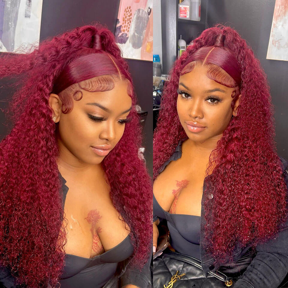 99J Color Curly 13x4 Lace Front Wig Burgundy Human Hair Wig Pre Plucked
