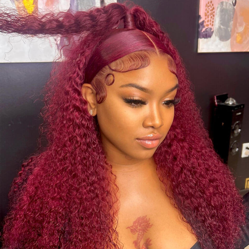 99J Color Curly 13x4 Lace Front Wig Burgundy Human Hair Wig Pre Plucked