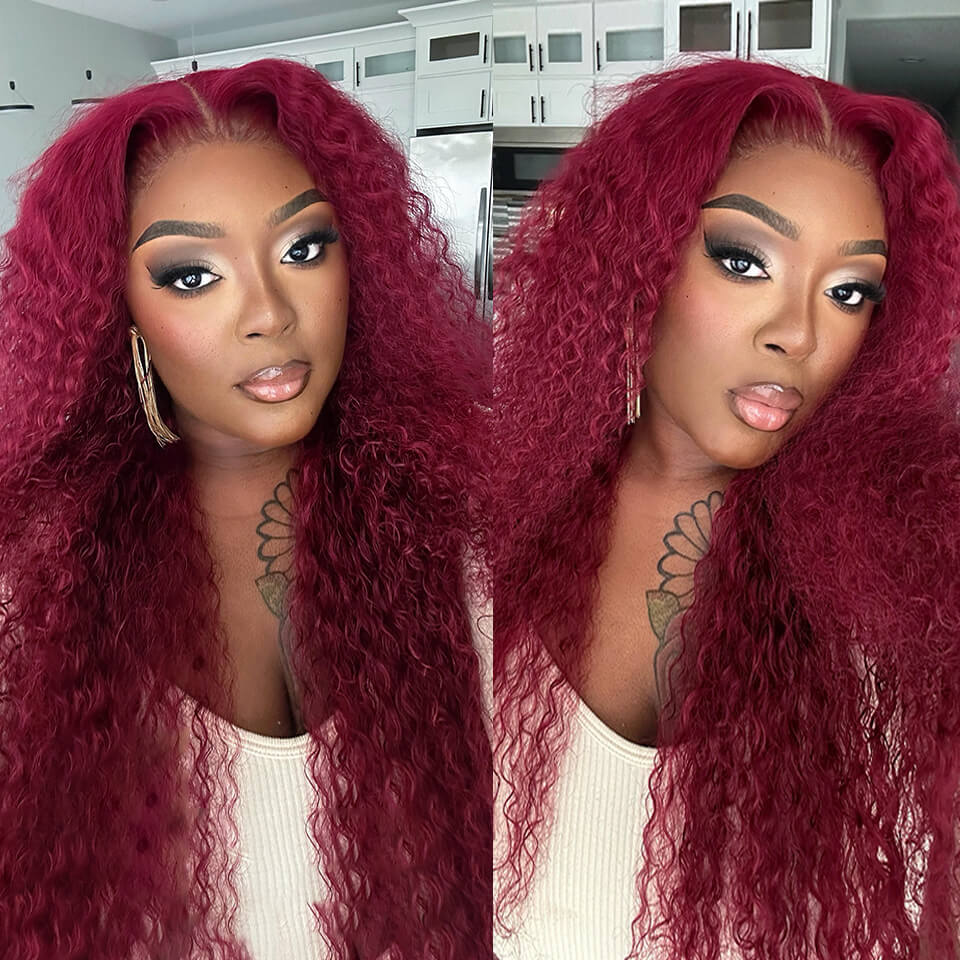 99J Color Curly 13x4 Lace Front Wig Burgundy Human Hair Wig Pre Plucked