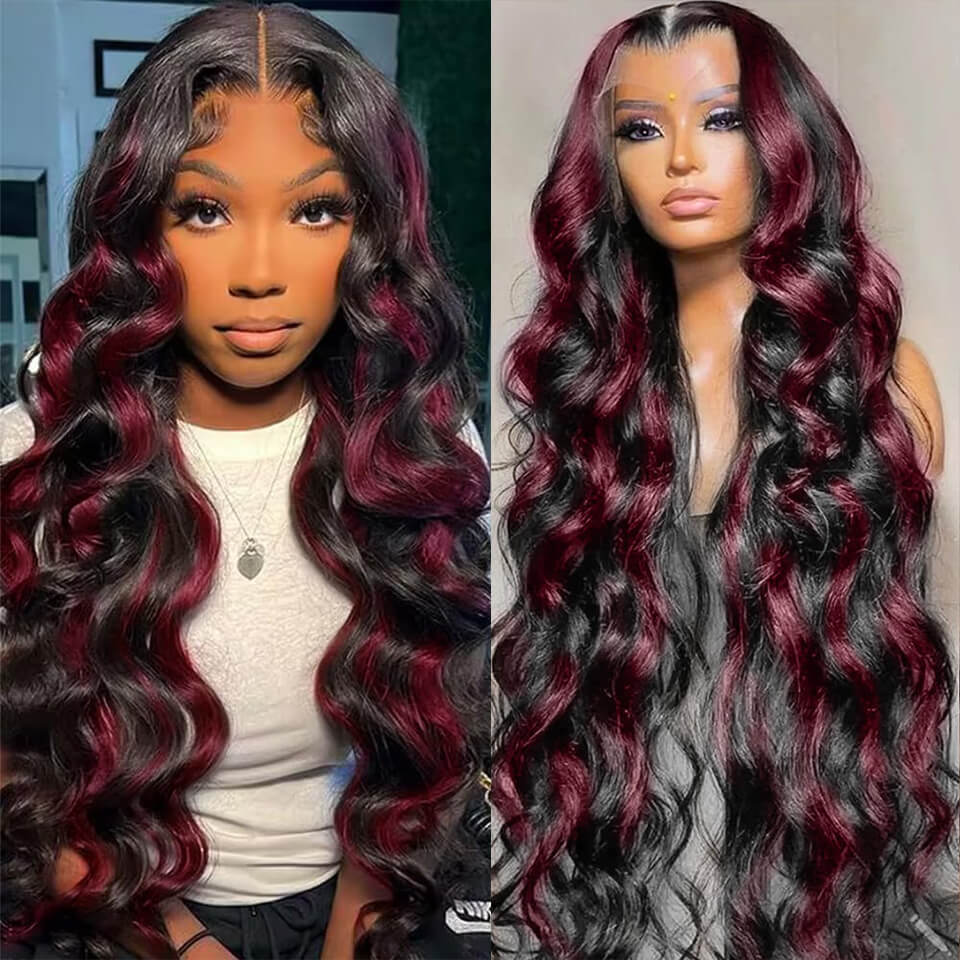 Highlights burgundy red color body wave 13x4 lace front wig