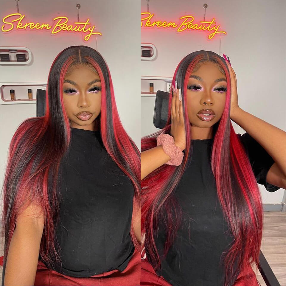 Highlights burgundy red color straight lace front wig
