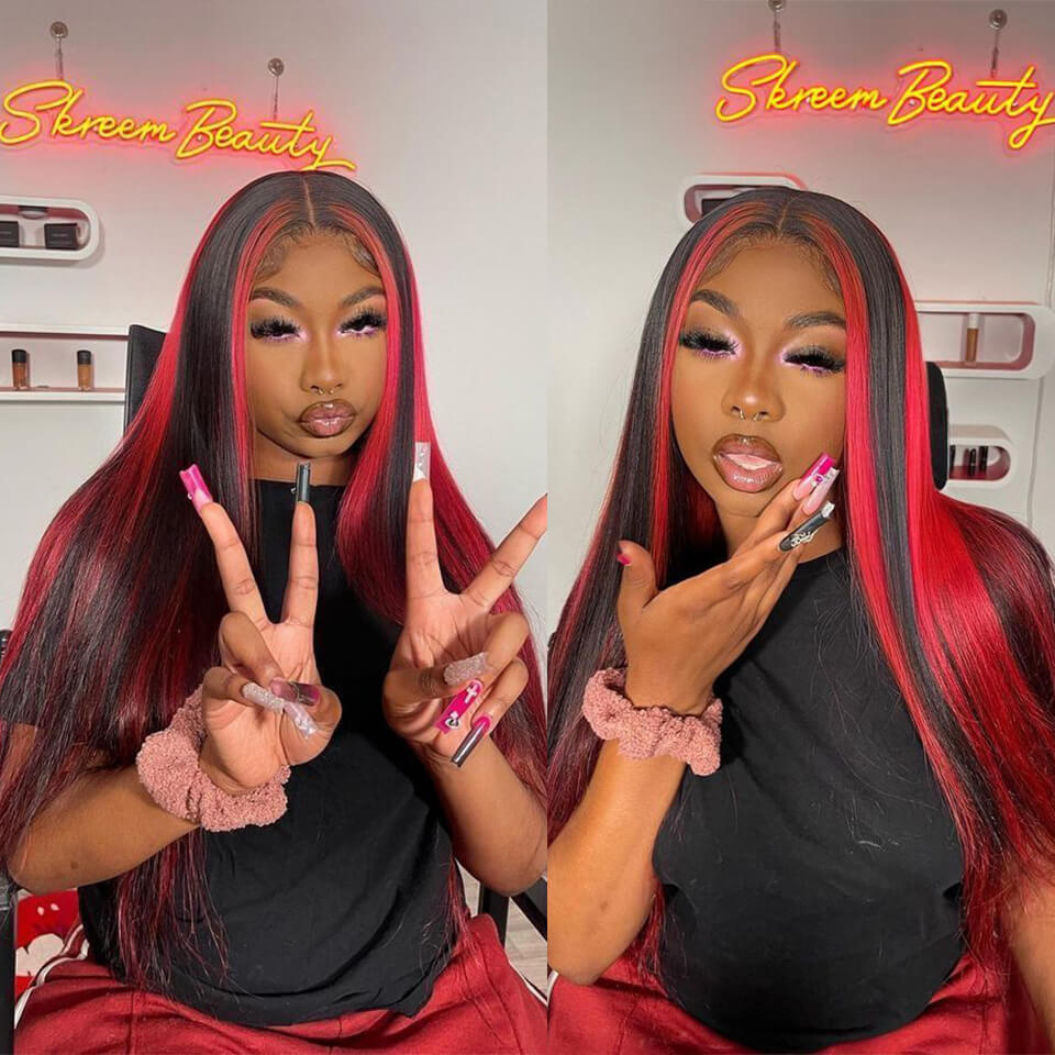 Highlights burgundy red color straight lace front wig