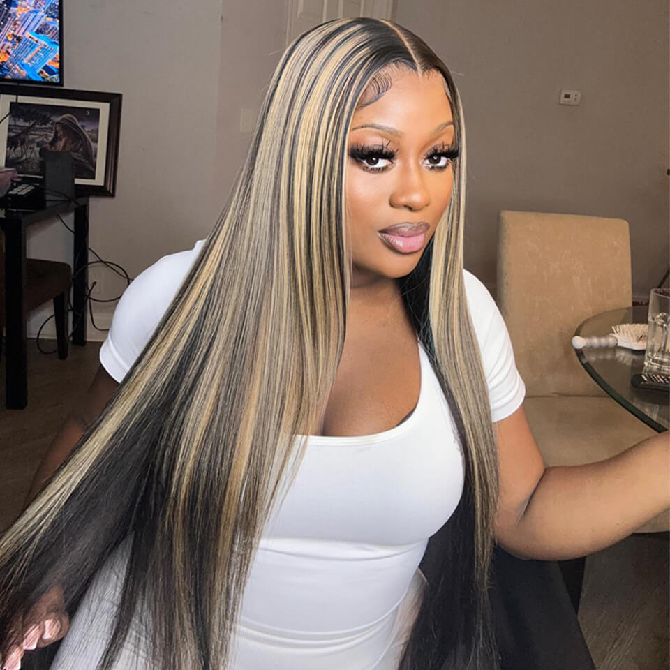 Honey Blond Highlight Glueless 5x5 HD lace Wigs Straight Wear Go Human Hair wigs Body Wave