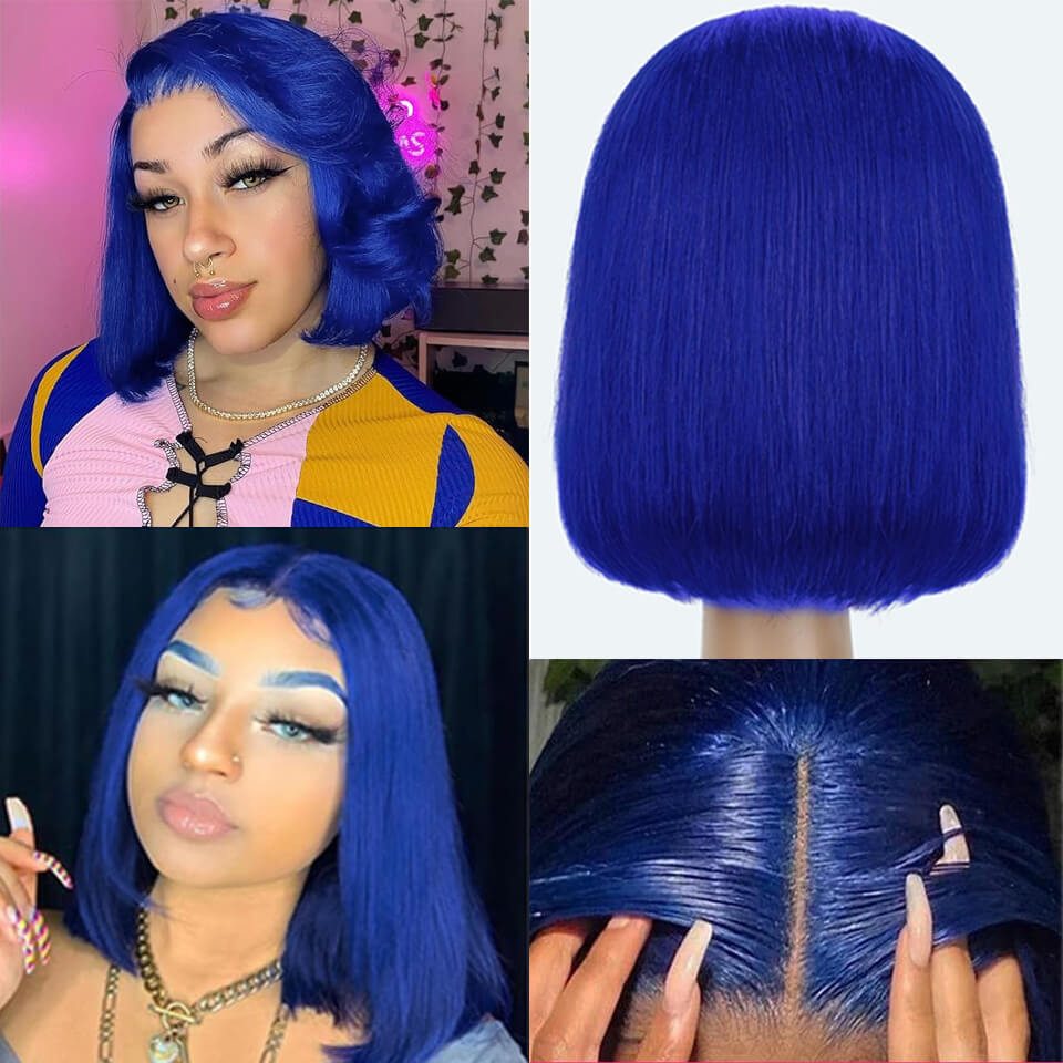 Blue Color 13x4 Lace Front Bob Wigs Human Hair Straight colorful wig