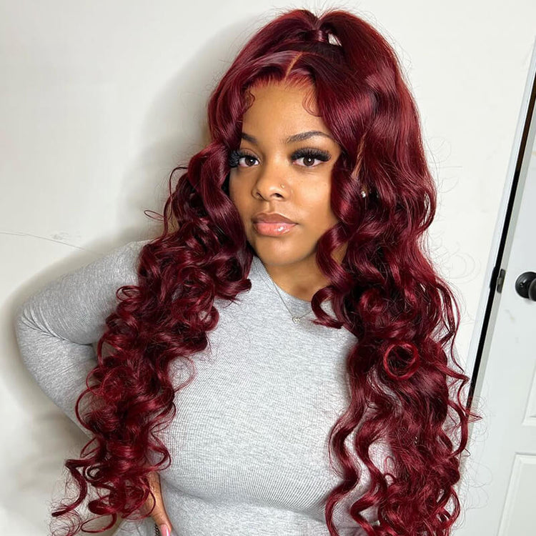 Pre Cut HD Lace Burgundy 99J Red Colored Hair Body Wave 5x5 Lace Closure Wigs For Women