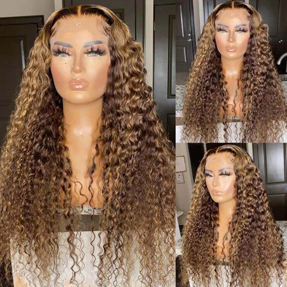 Deep Wave Highlight #427 13x4 Lace Front Wig Honey Blonde Human Hair Pre Plucked HD Lace Wigs