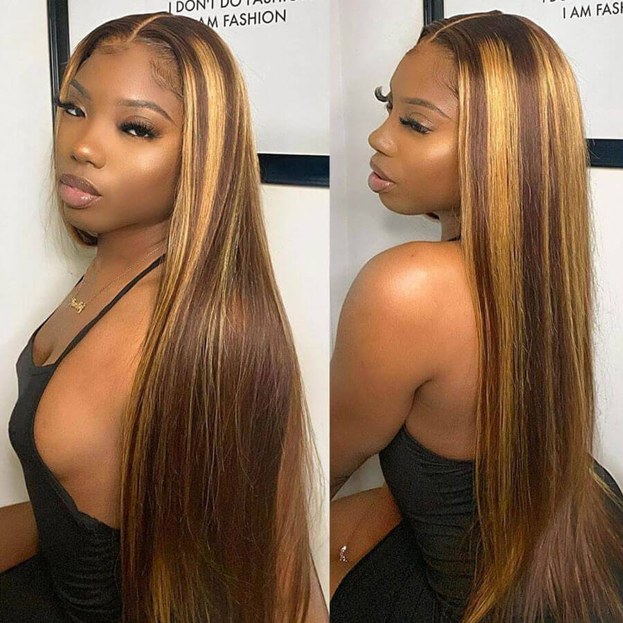 Straight Honey Blonde Highlight HD Lace Wigs Real Glueless 5x5 Human Hair Wigs Pre-Cut
