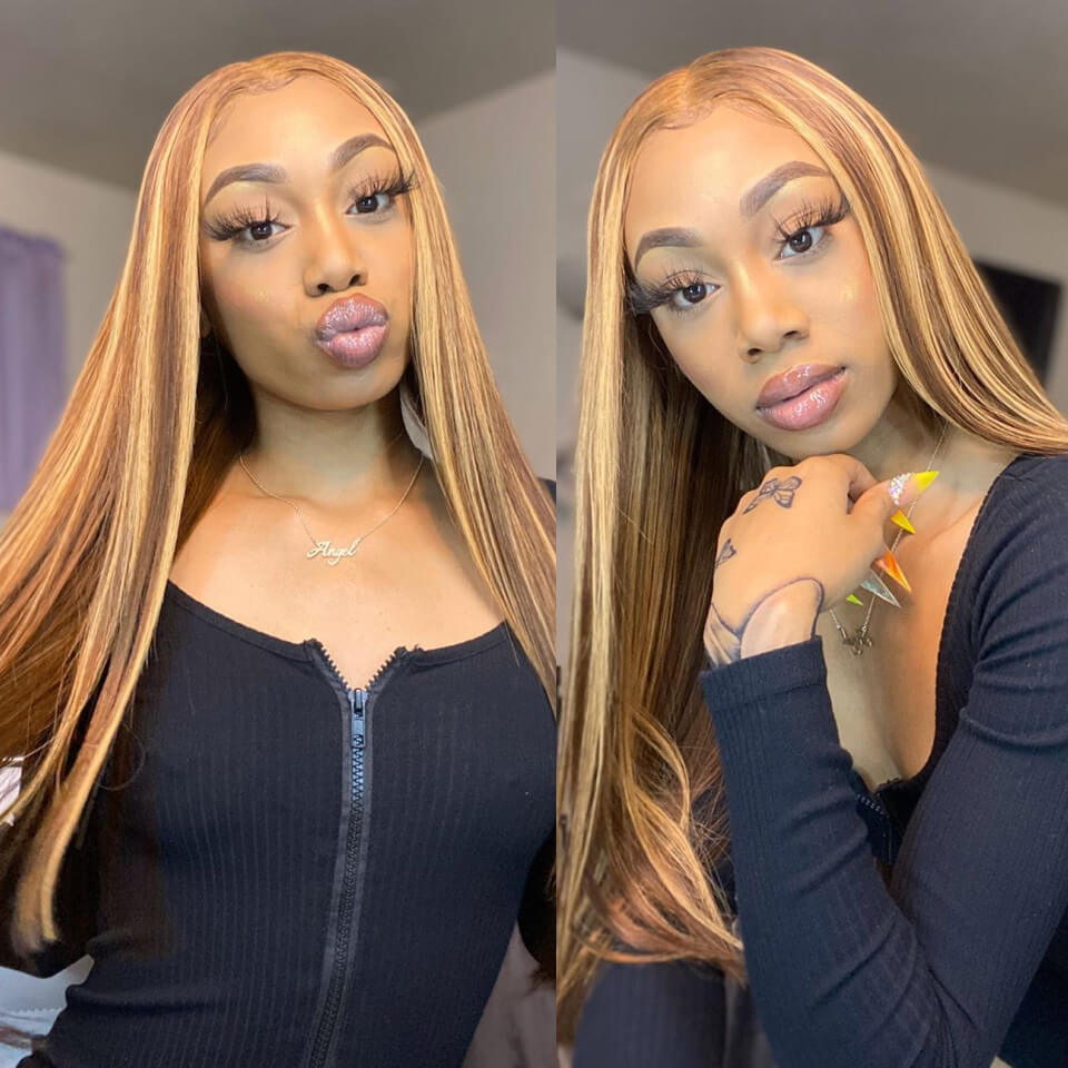 Straight Honey Blonde Highlight HD Lace Wigs Real Glueless 5x5 Human Hair Wigs Pre-Cut