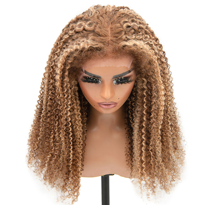 Pre-Cut Highlight Blonde Kinky Curly Wig 5x5 Gluless HD Lace Closure Wig