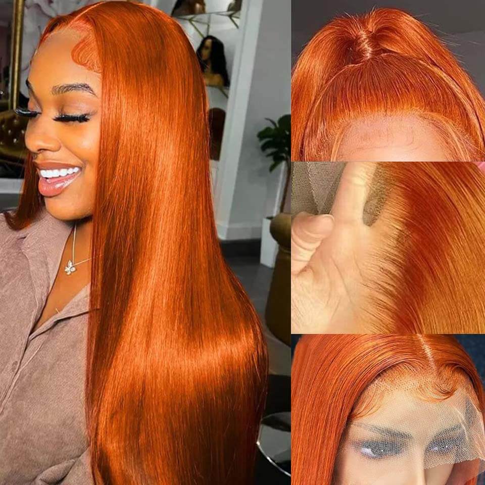 Clearance Sale Ginger Orange Color Transparent HD Lace Part Wig Straight Body Wave Human Hair Wigs