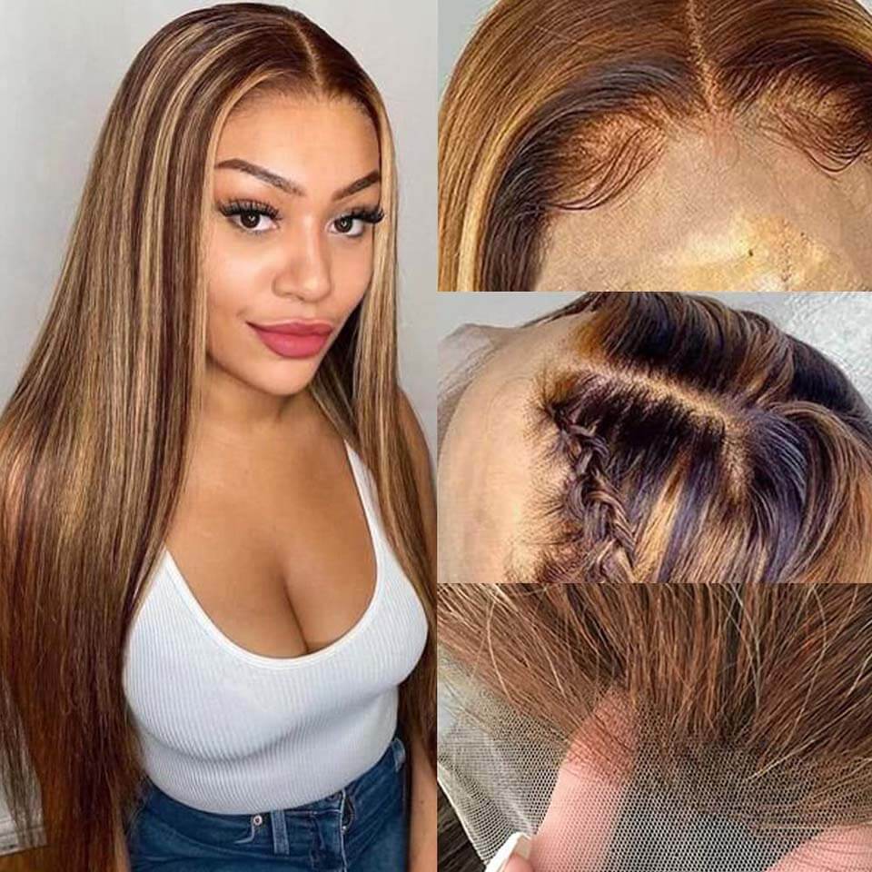 Clearance Sale Honey Blonde Highlight Straight Human Hair HD Lace Part Wig