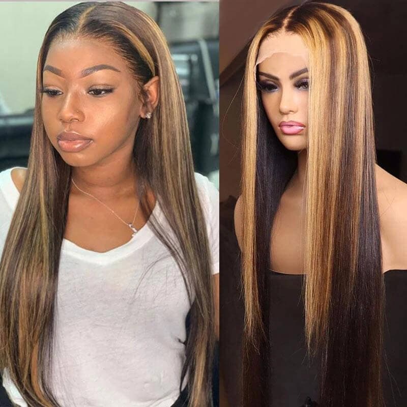 Clearance Sale Honey Blonde Highlight Straight Human Hair HD Lace Part Wig