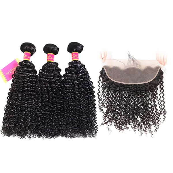 Unprocessed Brazilian Hair 3pcs Kinky Curly Human Hair Bundles with Lace Frontal