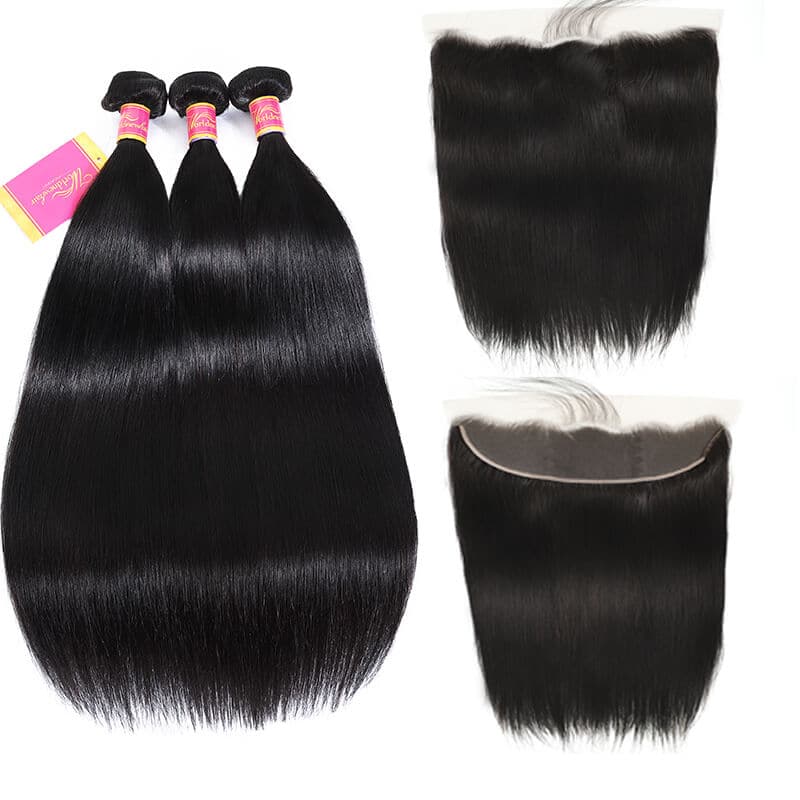WorldNewHair 3pcs Human Hair Bundles With Lace Frontal Straight Virgin Hair Weave