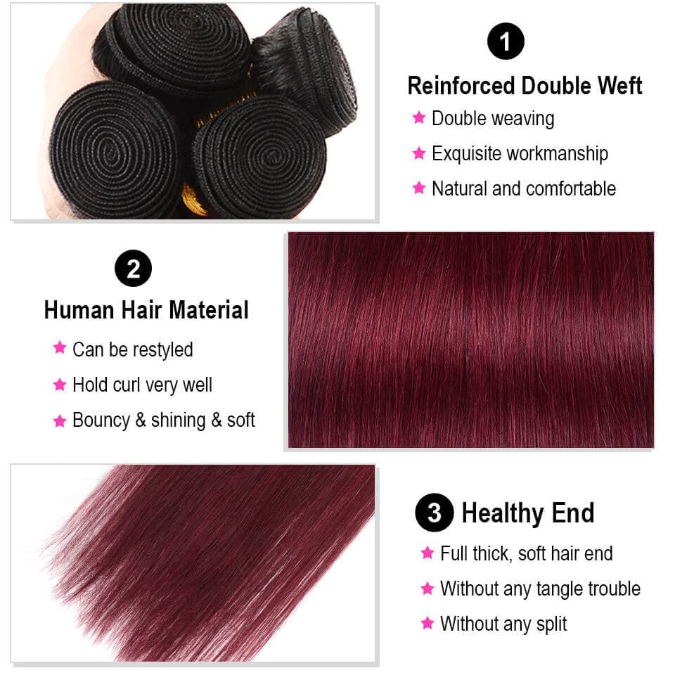 Ombre Color Straight Human Hair 3 Bundles 1B/99J Brazilian Virgin Hair Extensions