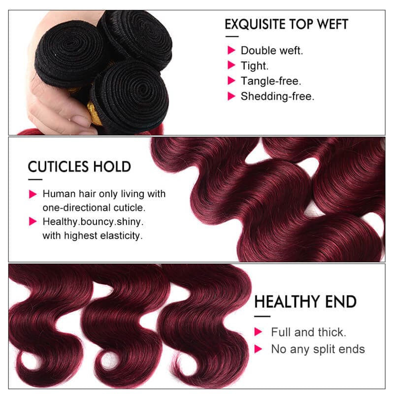 WorldNewHair Burgundy Human Hair Weave 1B/99J Body Wave Hair Bundles 3 Bundle Deals