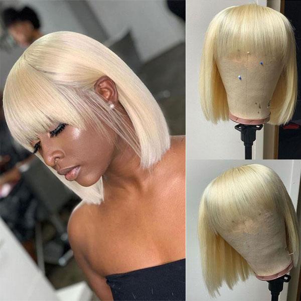 613 Blonde Straight Hair Lace Bob Wigs With Bangs
