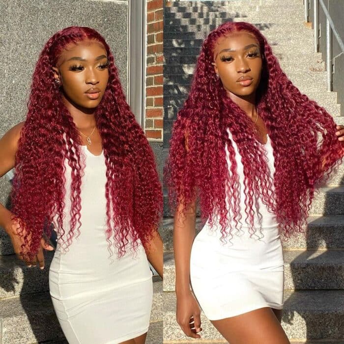 Burgundy 99J Colored Wigs Curly Hair 4x4 Lace Closure Wigs