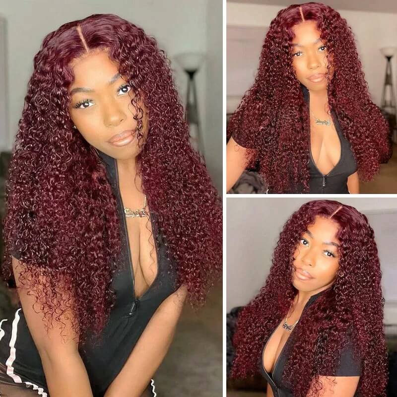 99J Color Curly 13x4 Lace Front Wig Burgundy Human Hair Wig Pre Plucked