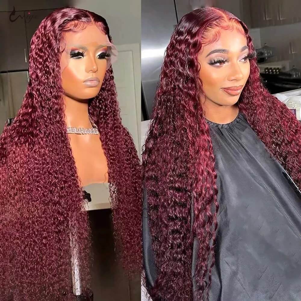 99J Color Curly 13x4 Lace Front Wig Burgundy Human Hair Wig Pre Plucked