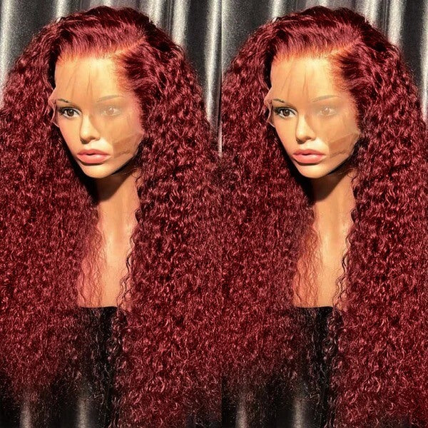 99J Color Curly 13x4 Lace Front Wig Burgundy Human Hair Wig Pre Plucked