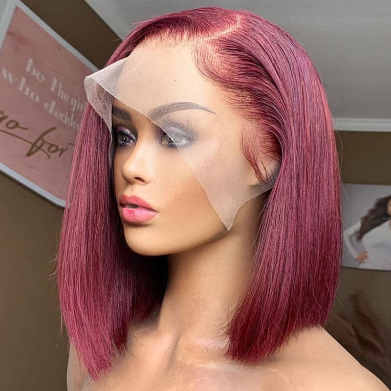 99j Burgundy Color Straight HD Lace Bob Wig 100% Human hair Pre-Pluck Wig