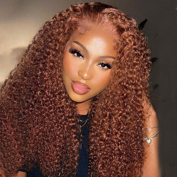 Ginger Brown Auburn Copper Colored Curly Human Hair Lace Front Wig