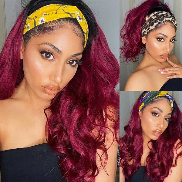99J Burgundy Color Headband Wigs For Straight Body Deep Curly Texture