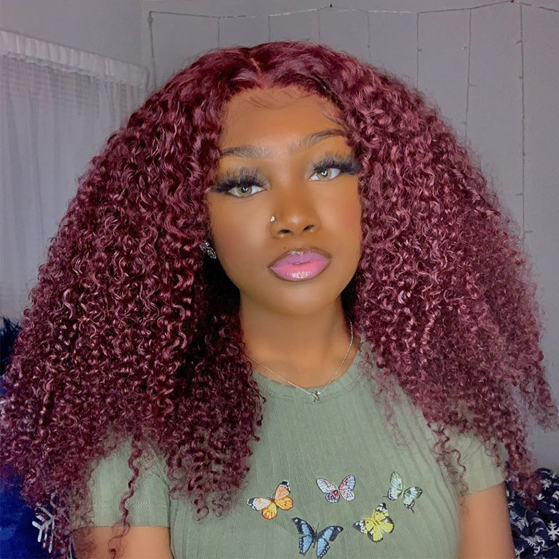 99J Color Curly 13x4 Lace Front Wig Burgundy Human Hair Wig Pre Plucked