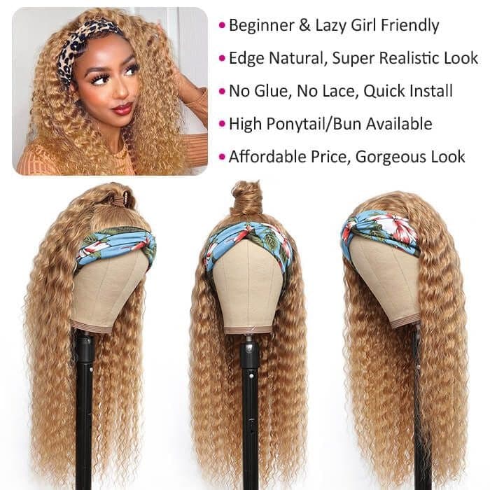 #27 Colored Headband Wig Deep Wave Human Hair Half Wigs with Various Headbands