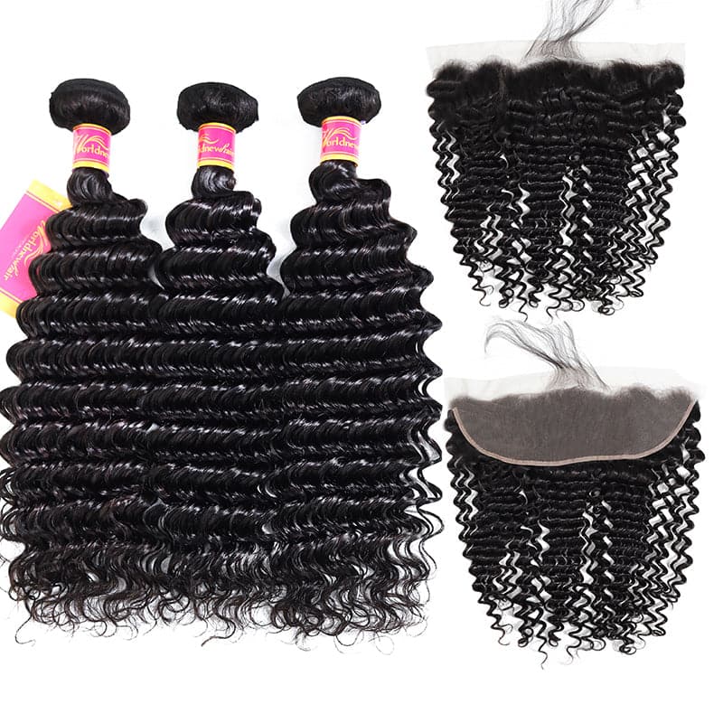 100% Human Hair Deep Wave 3 Bundles With Ear To Ear Frontal Closure With Baby Hair