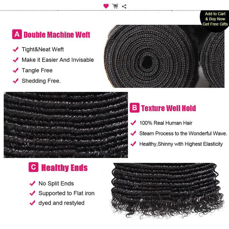 100% Human Hair Deep Wave 3 Bundles With Ear To Ear Frontal Closure With Baby Hair